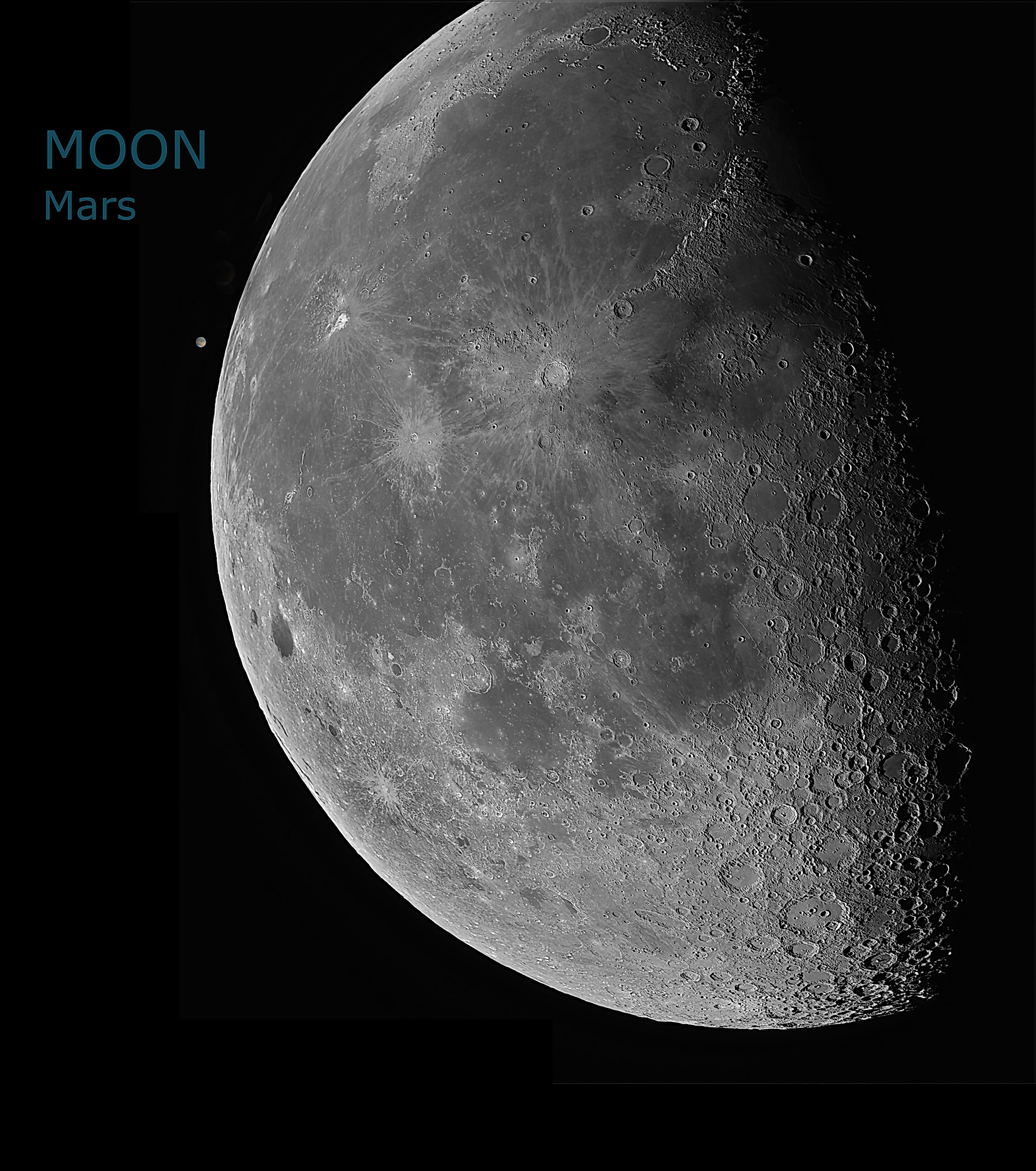 Comparativa de tama�o aparente entre la Luna con el cr�ter Kepler, y el planeta Marte